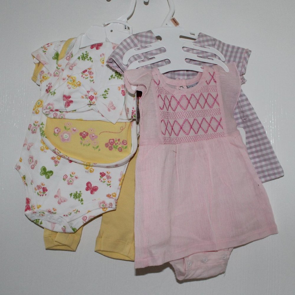 Little Lass Baby Girl Size 0-3M Lot of 6 Bodysuit Pants Bib Hat Yellow Pink NWT - Picture 1 of 14